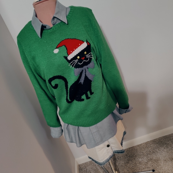 Kitty cat  Christmas sweater  black cat  holiday party  metallic shimmer  M - Picture 3 of 7